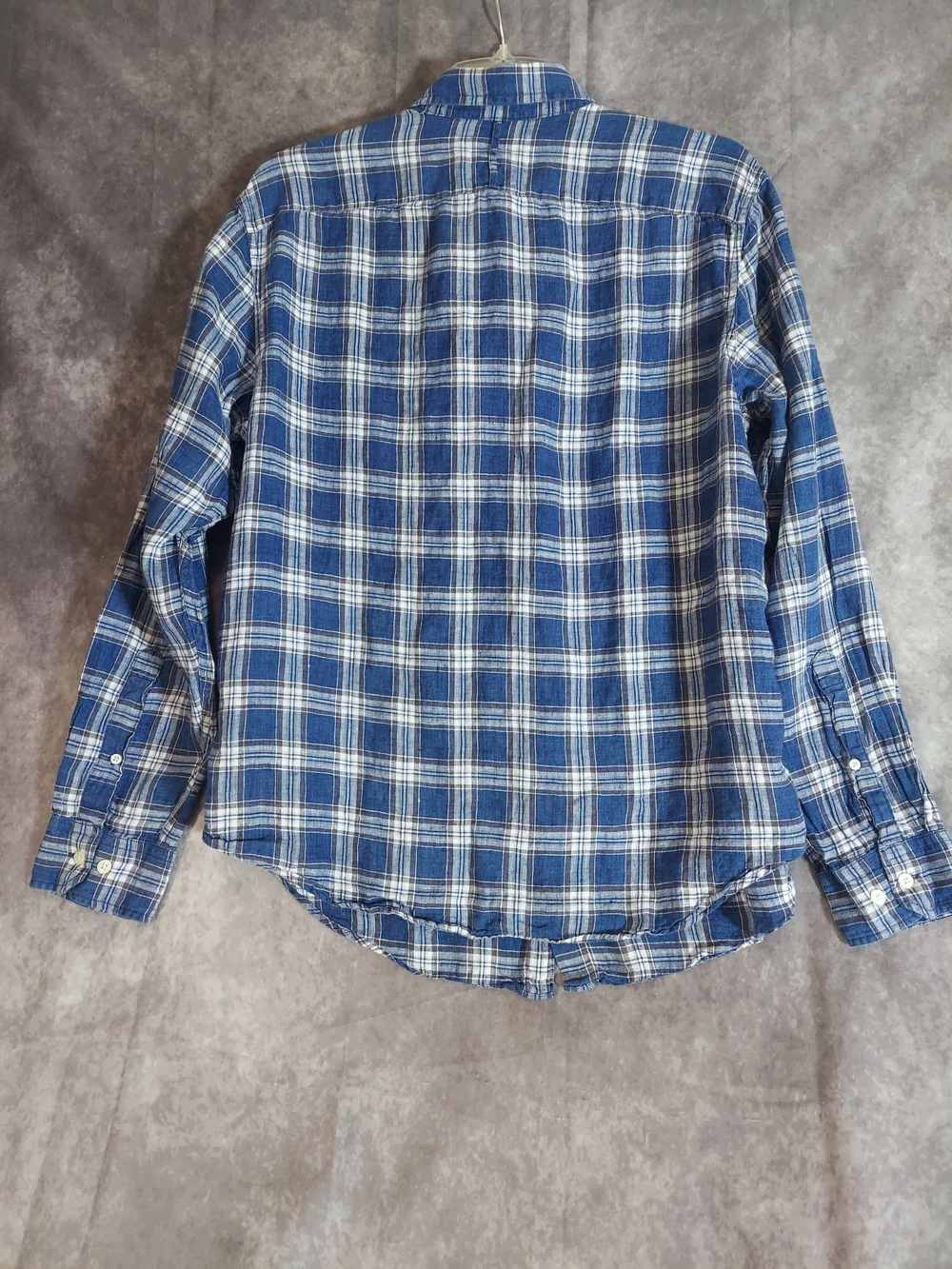 Banana Republic Linen Plaid Shirt Men L Camden Standard Fit Blue White Plaid LS